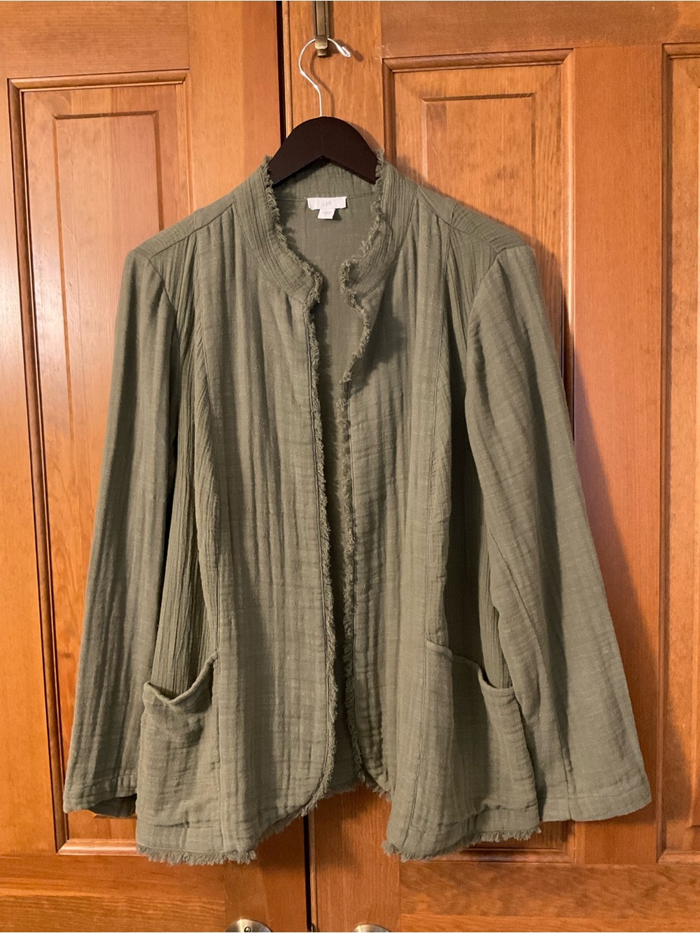 J. Jill Women’s Olive Green Cotton Fringe Open Jacket with two pockets